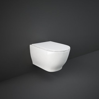 RAK CERAMICS Zestaw Moon Miska WC podwieszana 56x36 cm, rimless, biały połysk + deska WC slim wolnoopadająca.